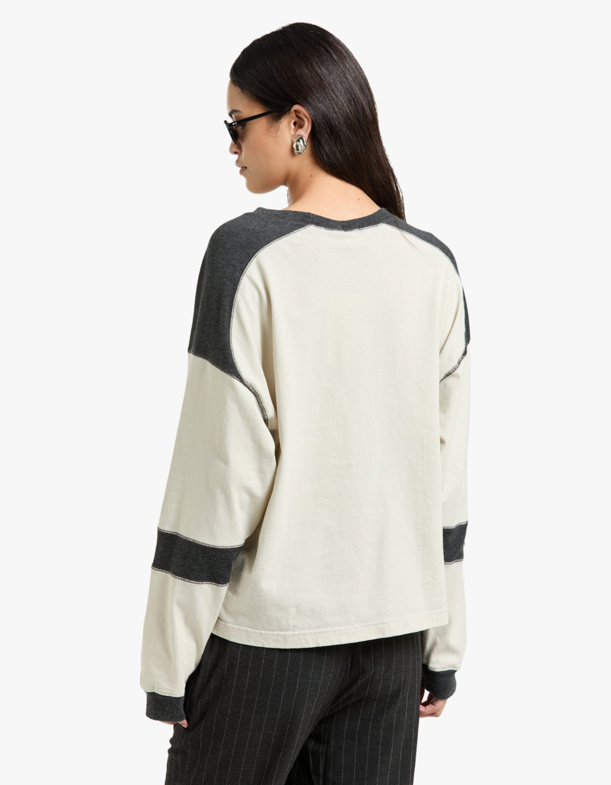 Long Sleeve Slouch Panelled T-Shirt - Ecru/Charcoal Marl