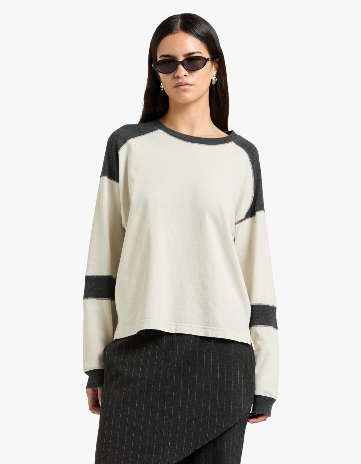 Long Sleeve Slouch Panelled T-Shirt - Ecru/Charcoal Marl