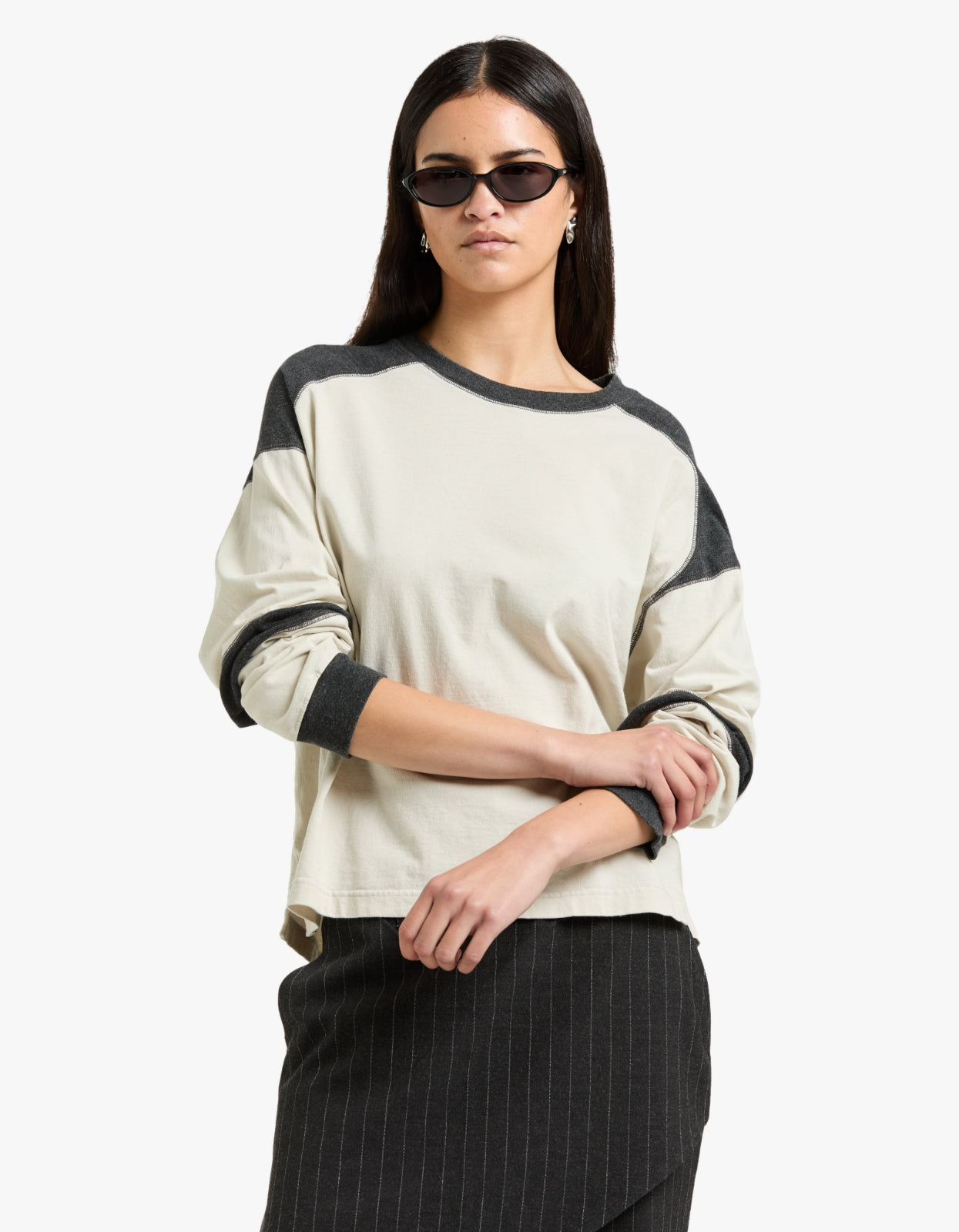 Long Sleeve Slouch Panelled T-Shirt - Ecru/Charcoal Marl