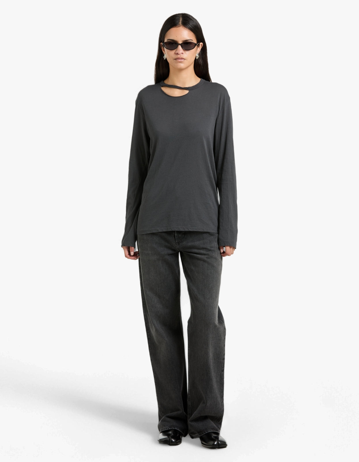 Raw Neck Cut Out L/S T-Shirt - Washed Navy
