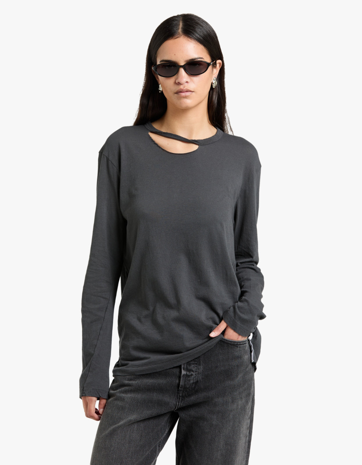 Raw Neck Cut Out L/S T-Shirt - Washed Navy