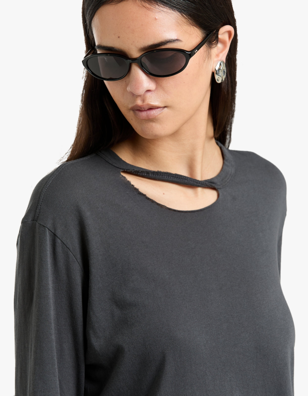 Raw Neck Cut Out L/S T-Shirt - Washed Navy