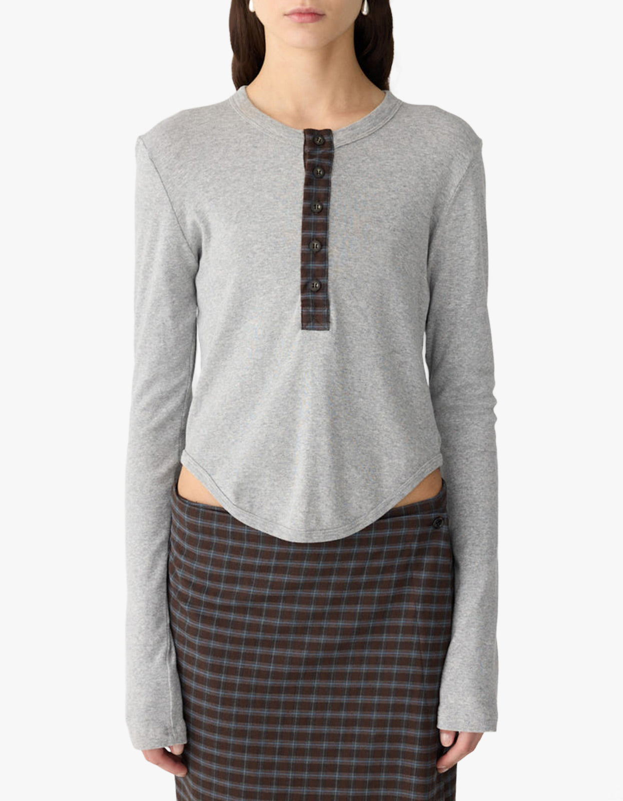 Scoop Hem Placket T-Shirt - Greymarl/Check