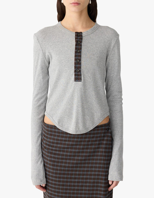 Scoop Hem Placket T-Shirt - Greymarl/Check