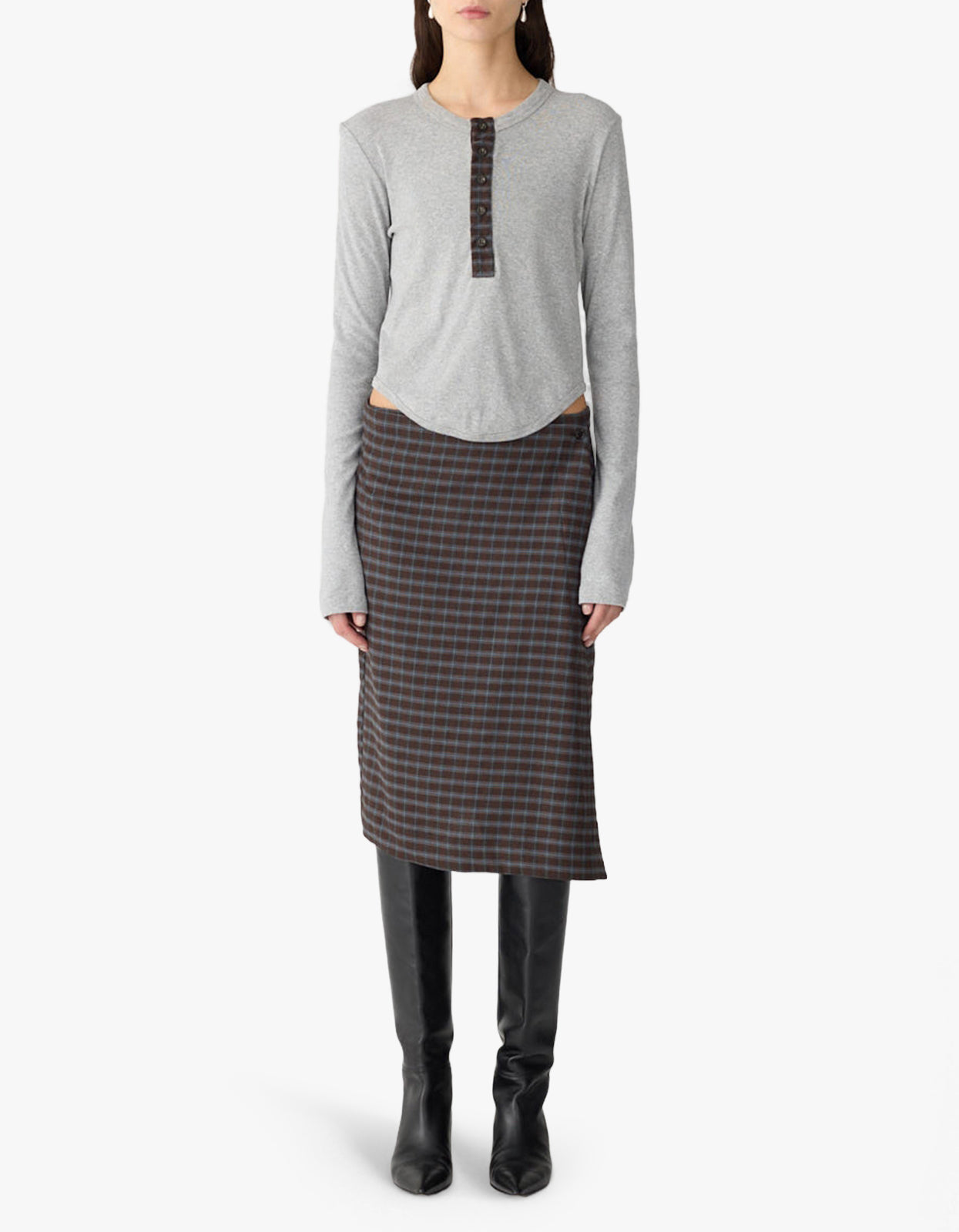 Scoop Hem Placket T-Shirt - Greymarl/Check
