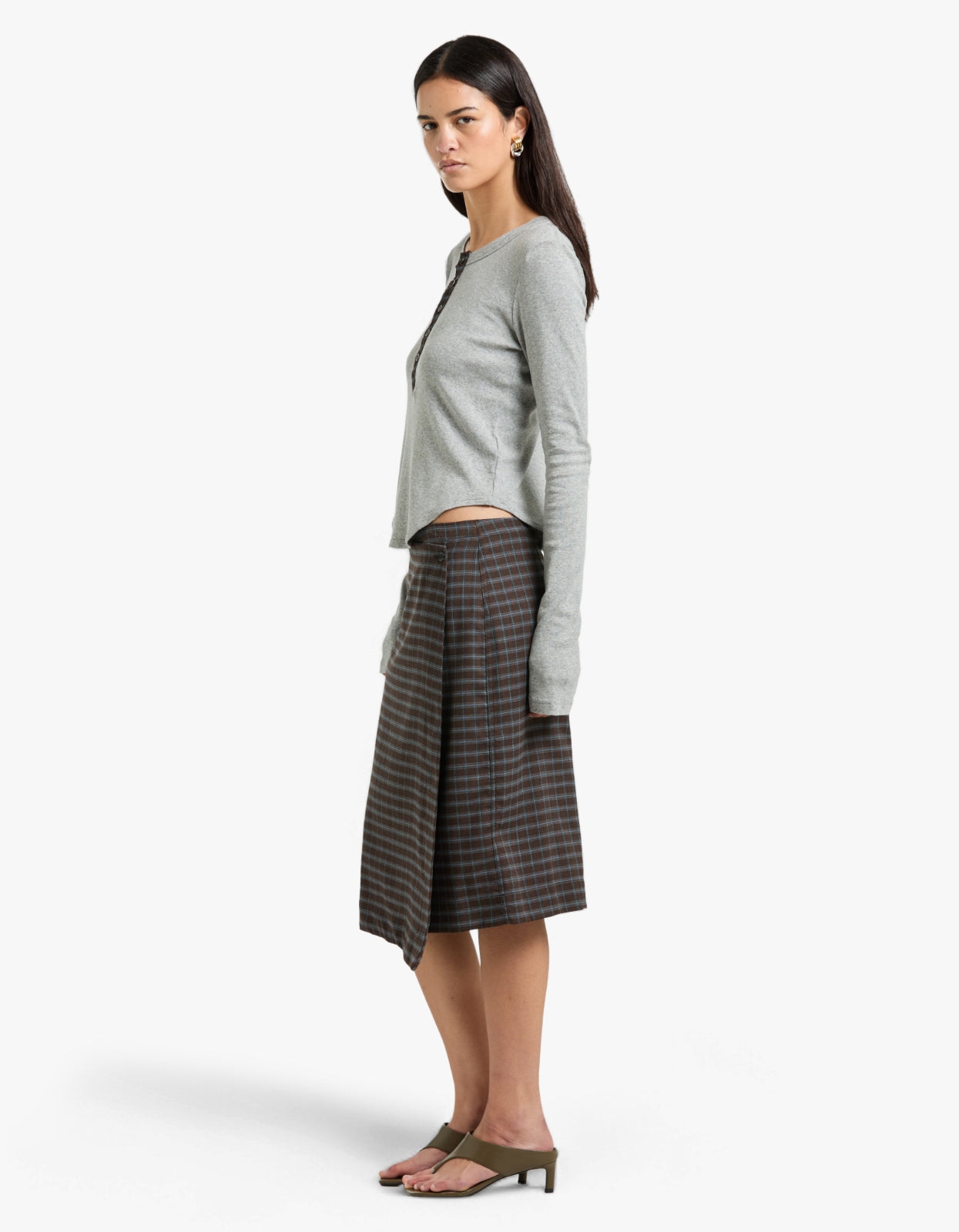 Scoop Hem Placket T-Shirt - Greymarl/Check