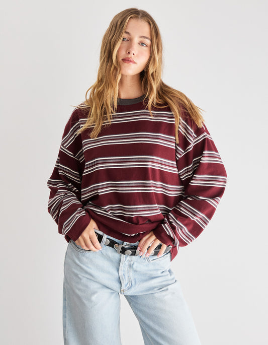 Bonnie L/S Stripe Tee - Burgundy Stripe