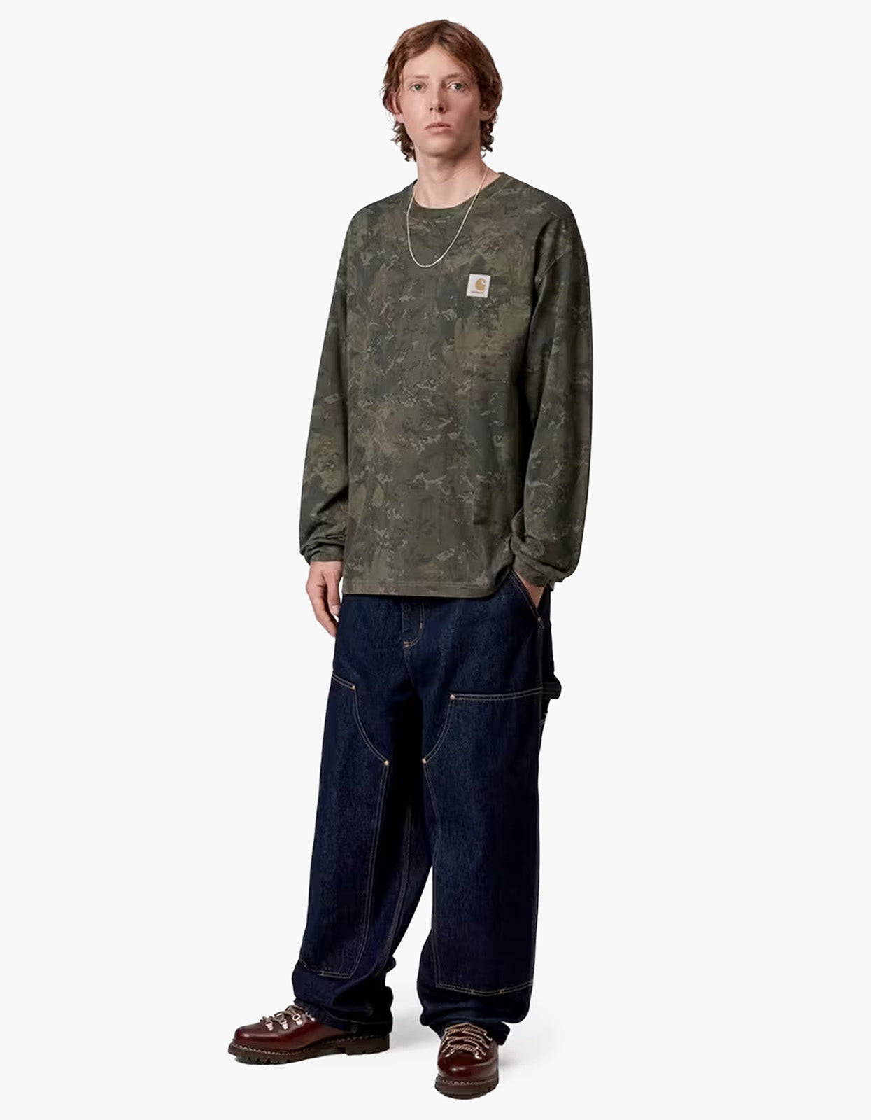 L/S Camo Combi T Shirt - Camo Combi, Green/Olive Garment Dyed