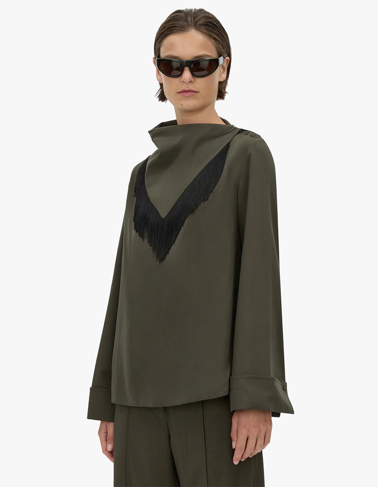 Una Drape Collar Shirt - Dark Emerald