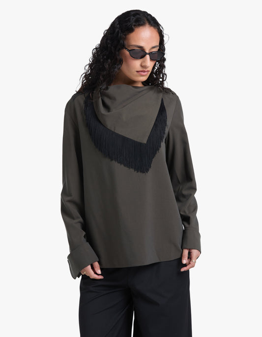 Una Drape Collar Shirt - Dark Emerald