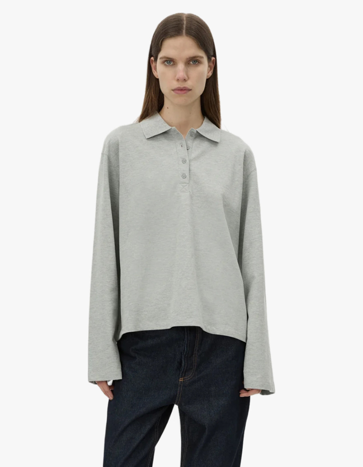 Moreno Long Sleeve Polo Top - Grey Marle