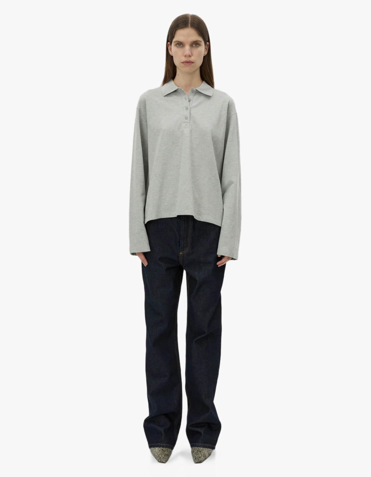 Moreno Long Sleeve Polo Top - Grey Marle