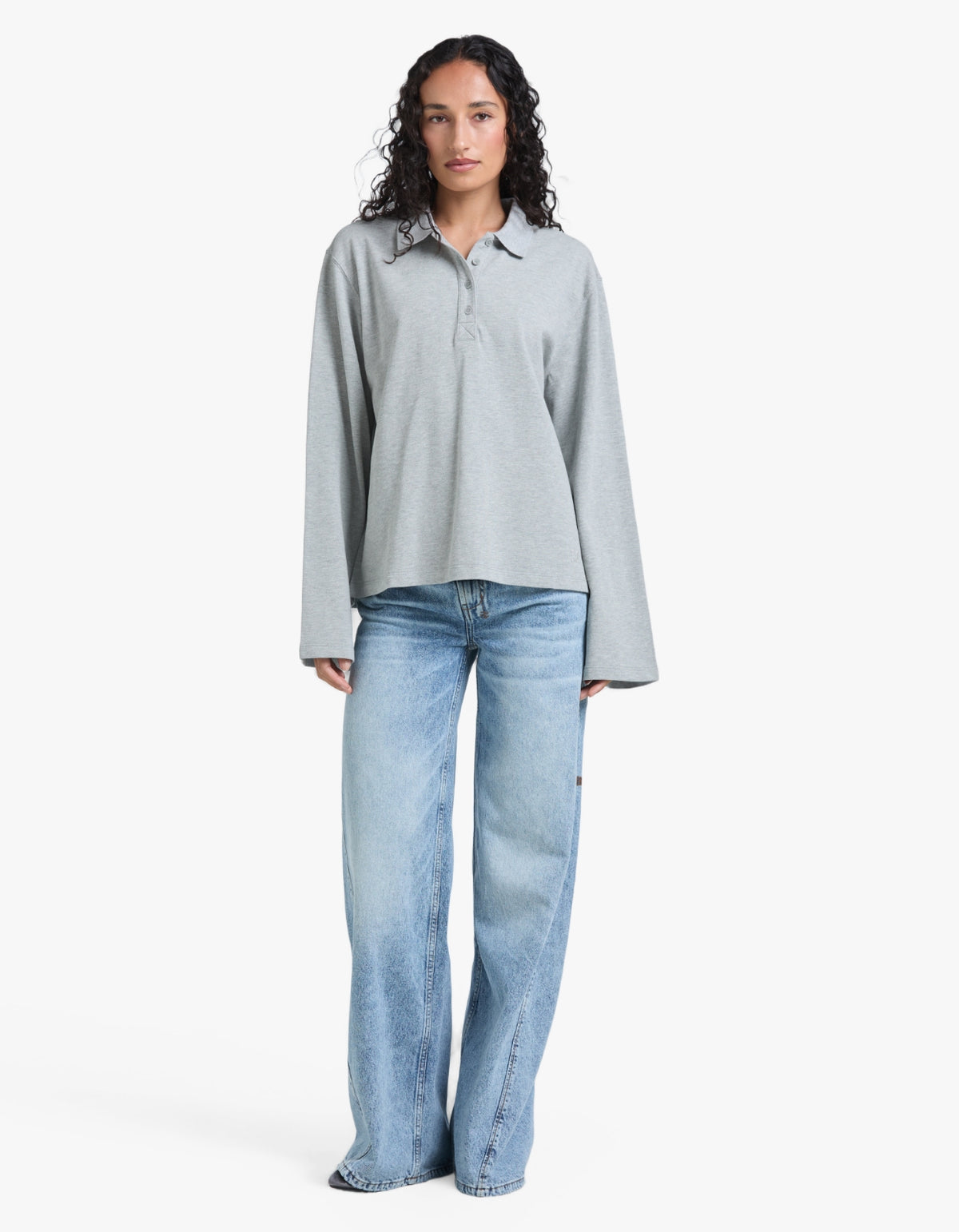 Moreno Long Sleeve Polo Top - Grey Marle