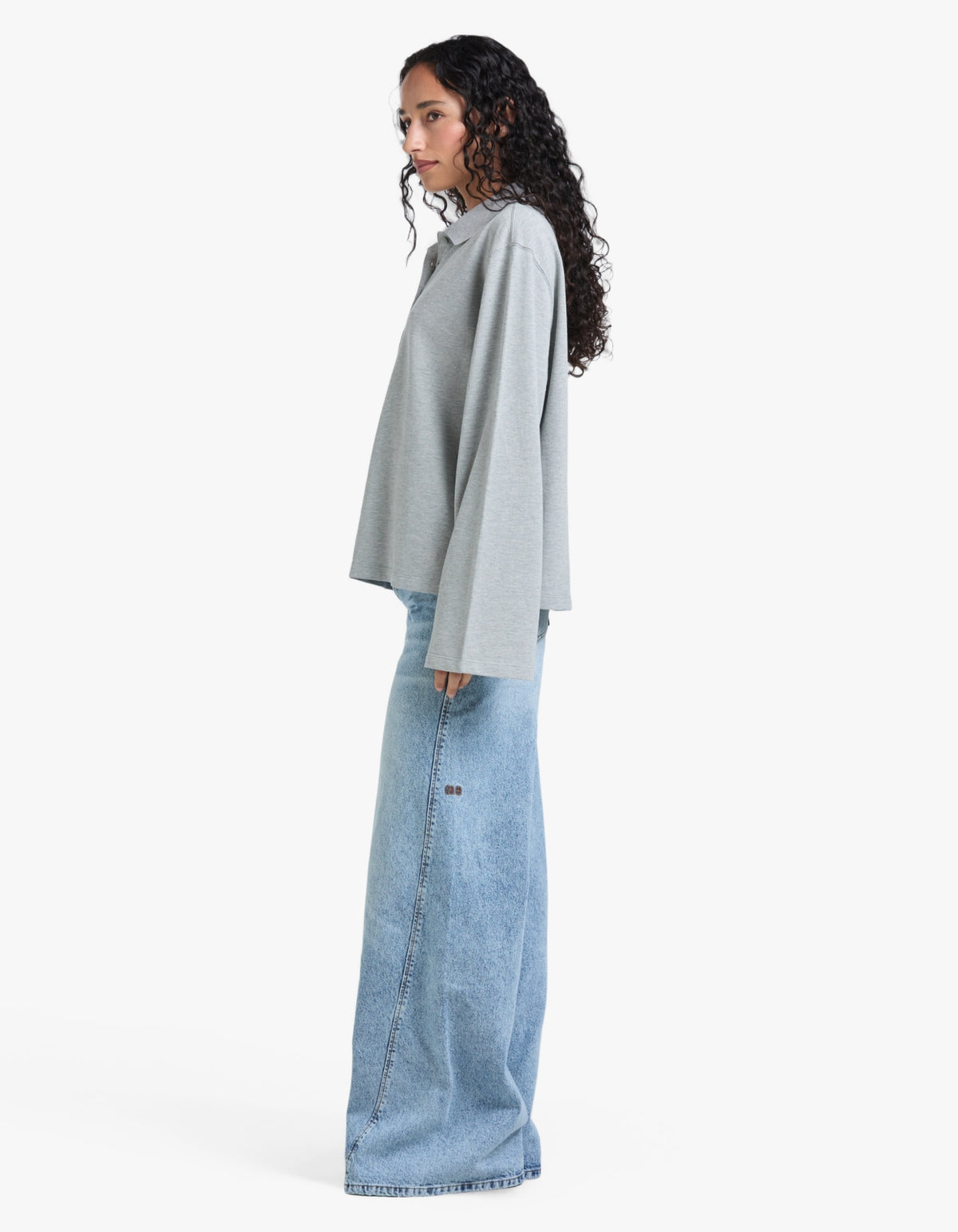 Moreno Long Sleeve Polo Top - Grey Marle