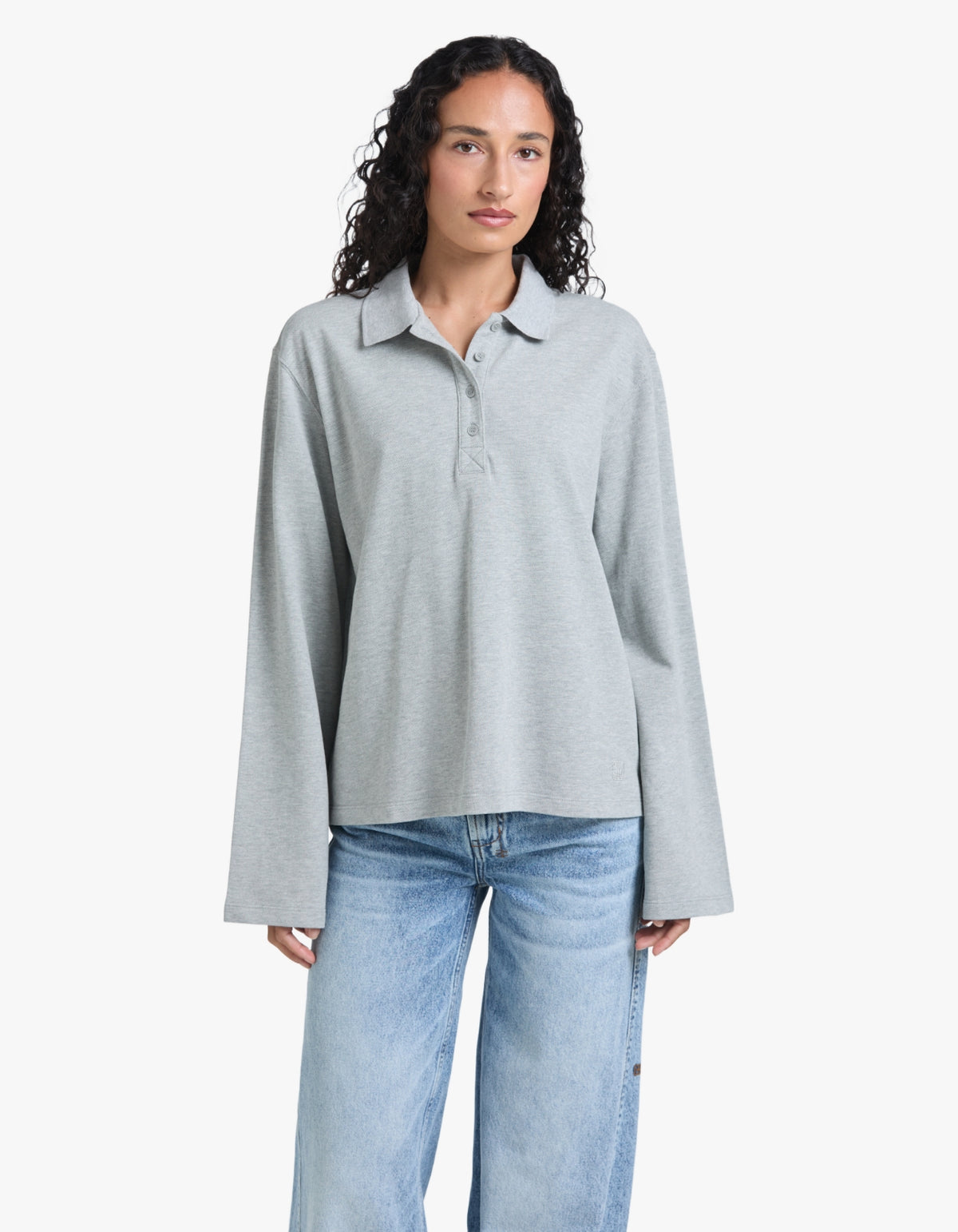 Moreno Long Sleeve Polo Top - Grey Marle