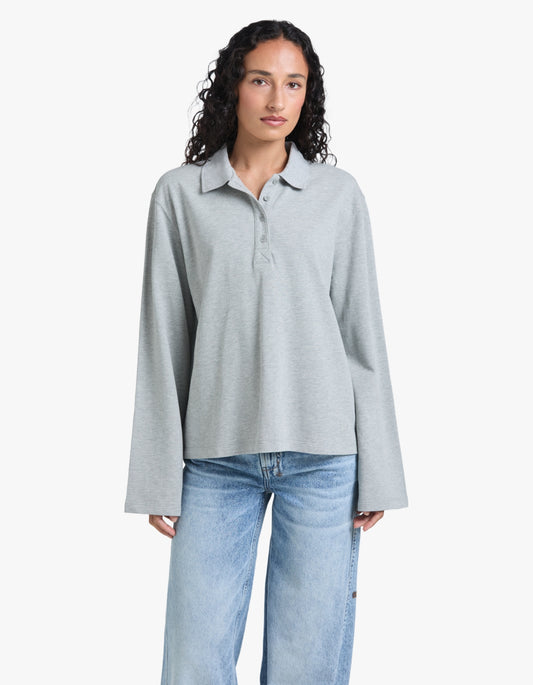 Moreno Long Sleeve Polo Top - Grey Marle