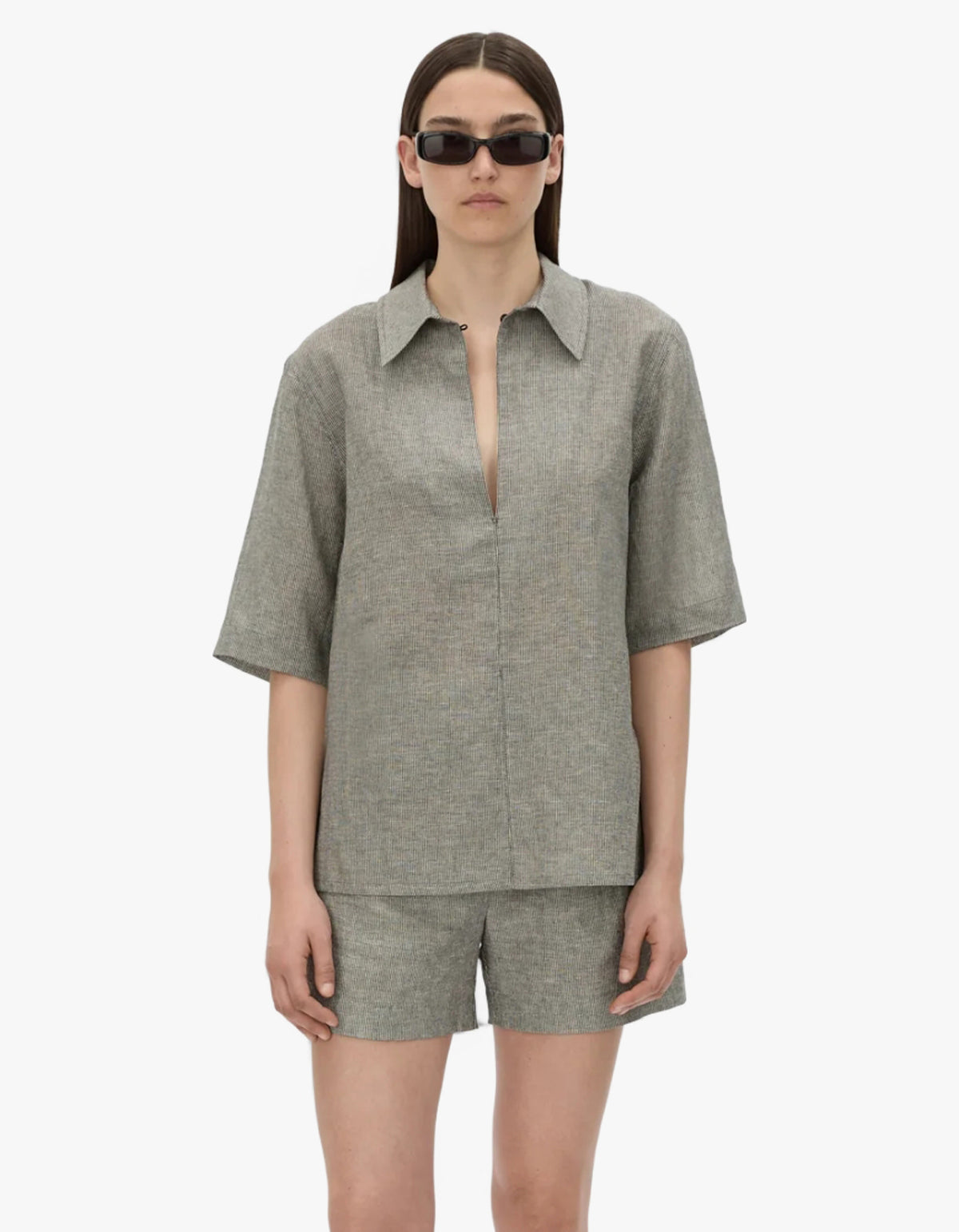 Phostre Stripe Linen Collared Top - Black/White