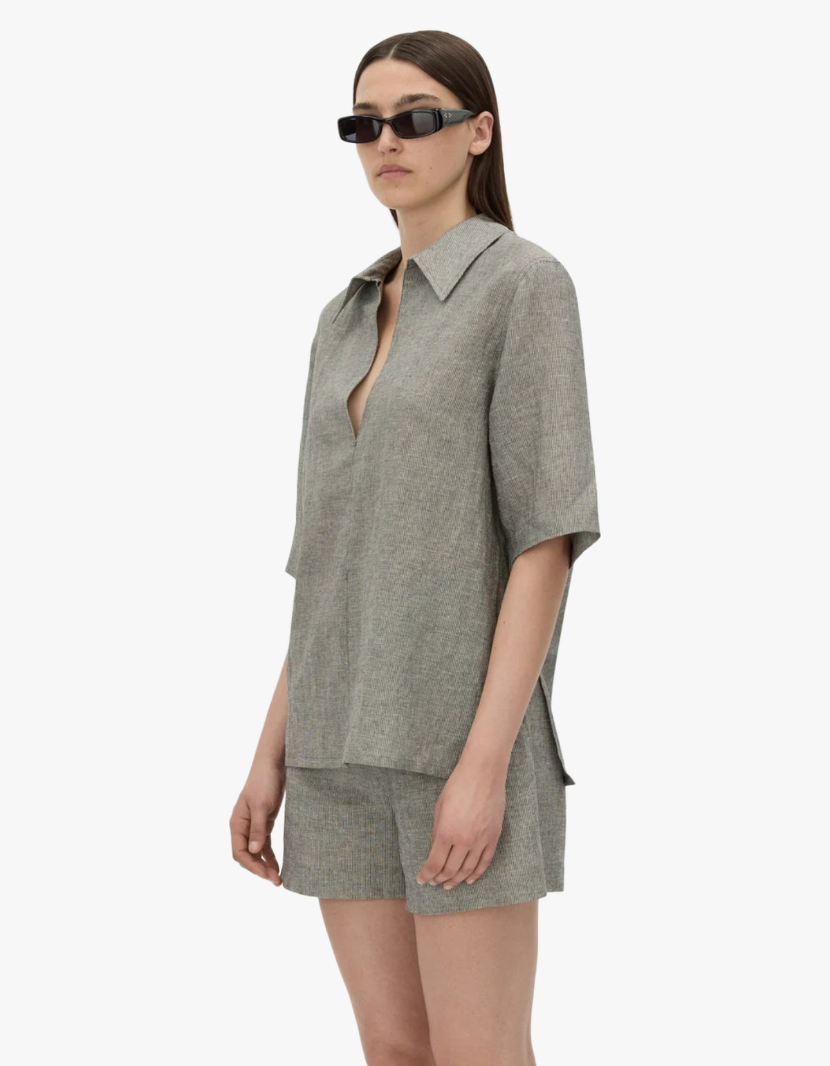 Phostre Stripe Linen Collared Top - Black/White