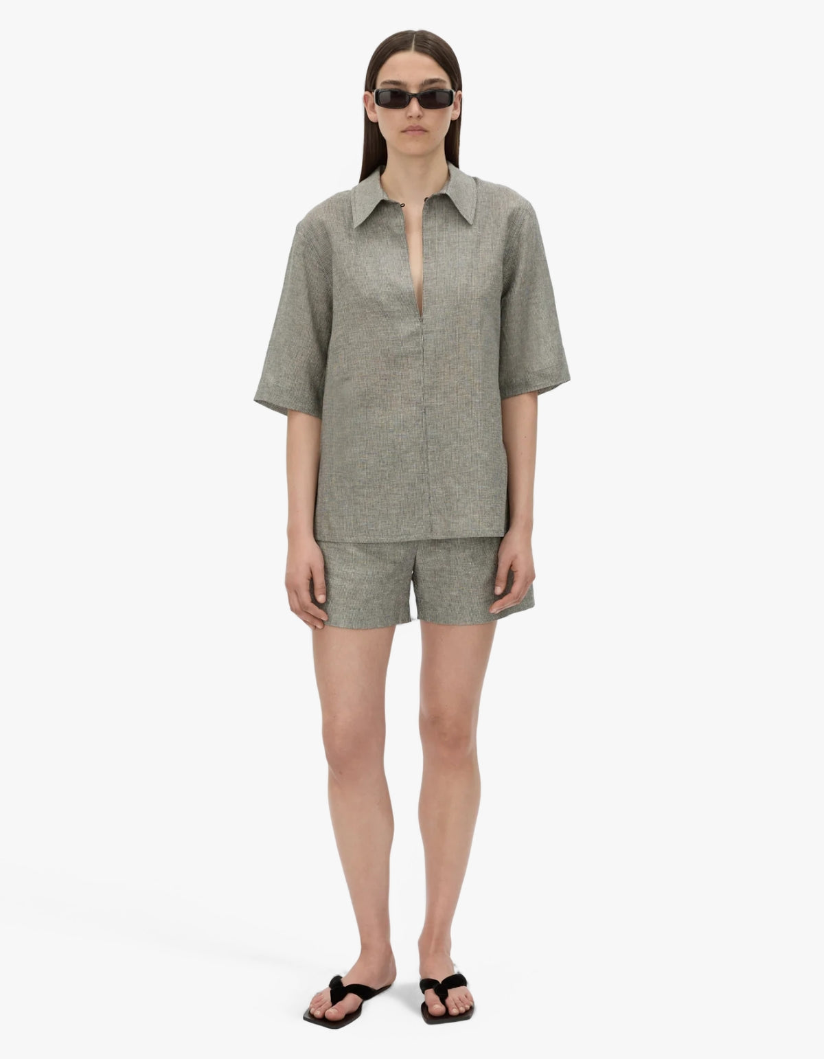 Phostre Stripe Linen Collared Top - Black/White