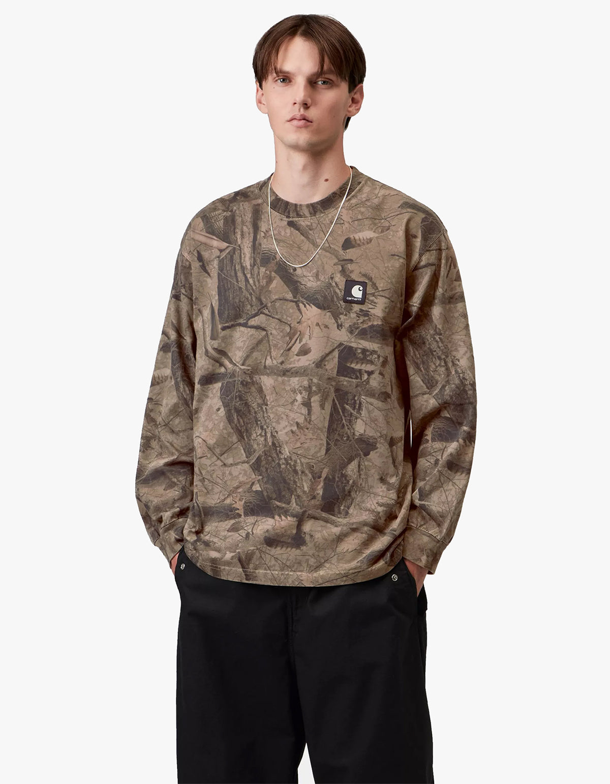 L/S Feather Tree T Shirt - Camo Feather Tree, Khaki/Shungite Garment Dyed