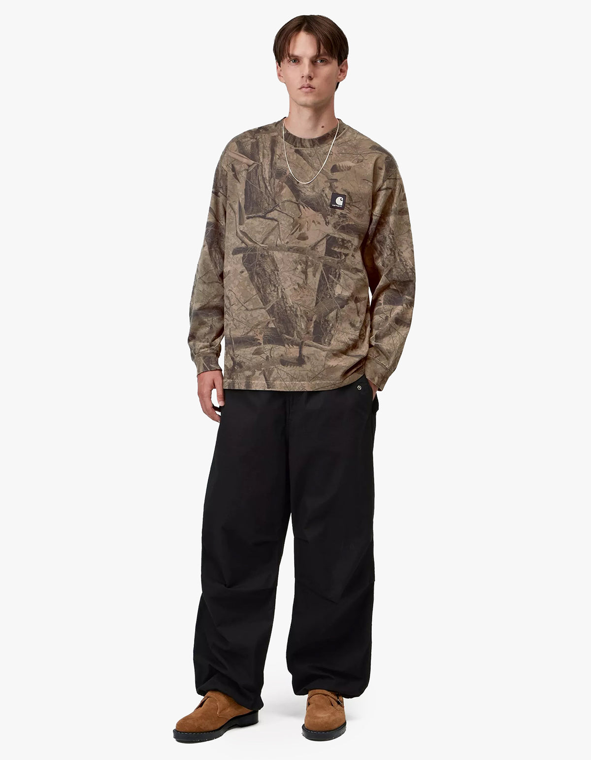 L/S Feather Tree T Shirt - Camo Feather Tree, Khaki/Shungite Garment Dyed