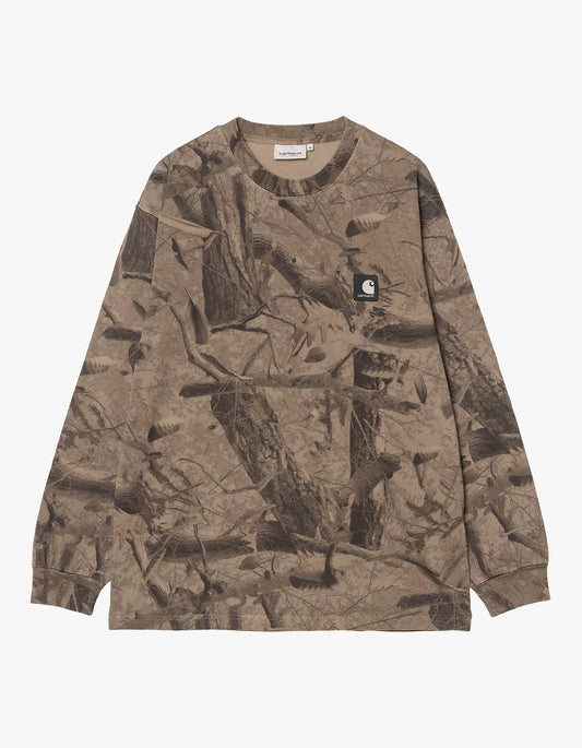 L/S Feather Tree T Shirt - Camo Feather Tree, Khaki/Shungite Garment Dyed