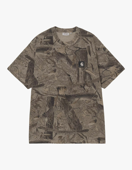 S/S Feather Tree T Shirt - Camo Feather Tree, Khaki/Shungite Garment Dyed