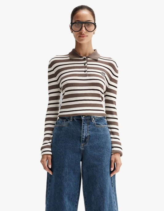 Ana Long Sleeve Polo - Chocolate Multi Stripe