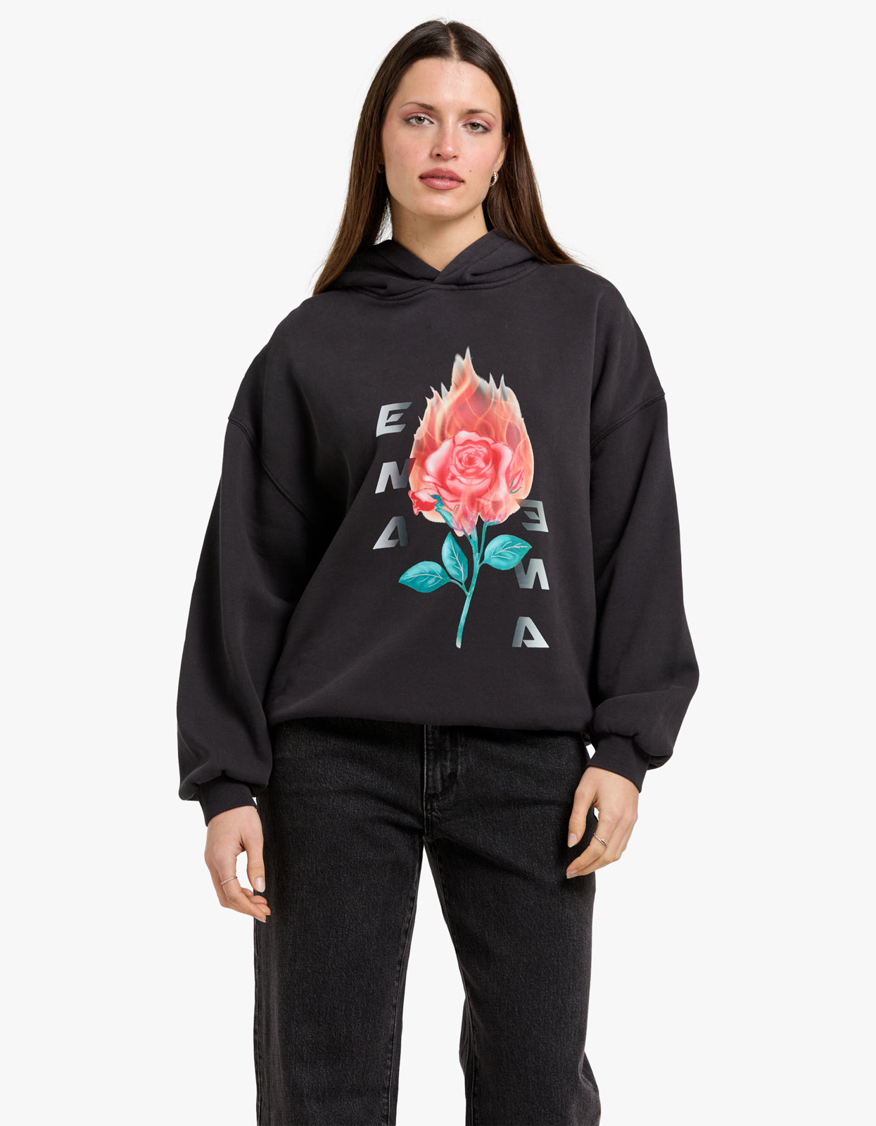 Flaming Rose Hoodie - Vintage Black