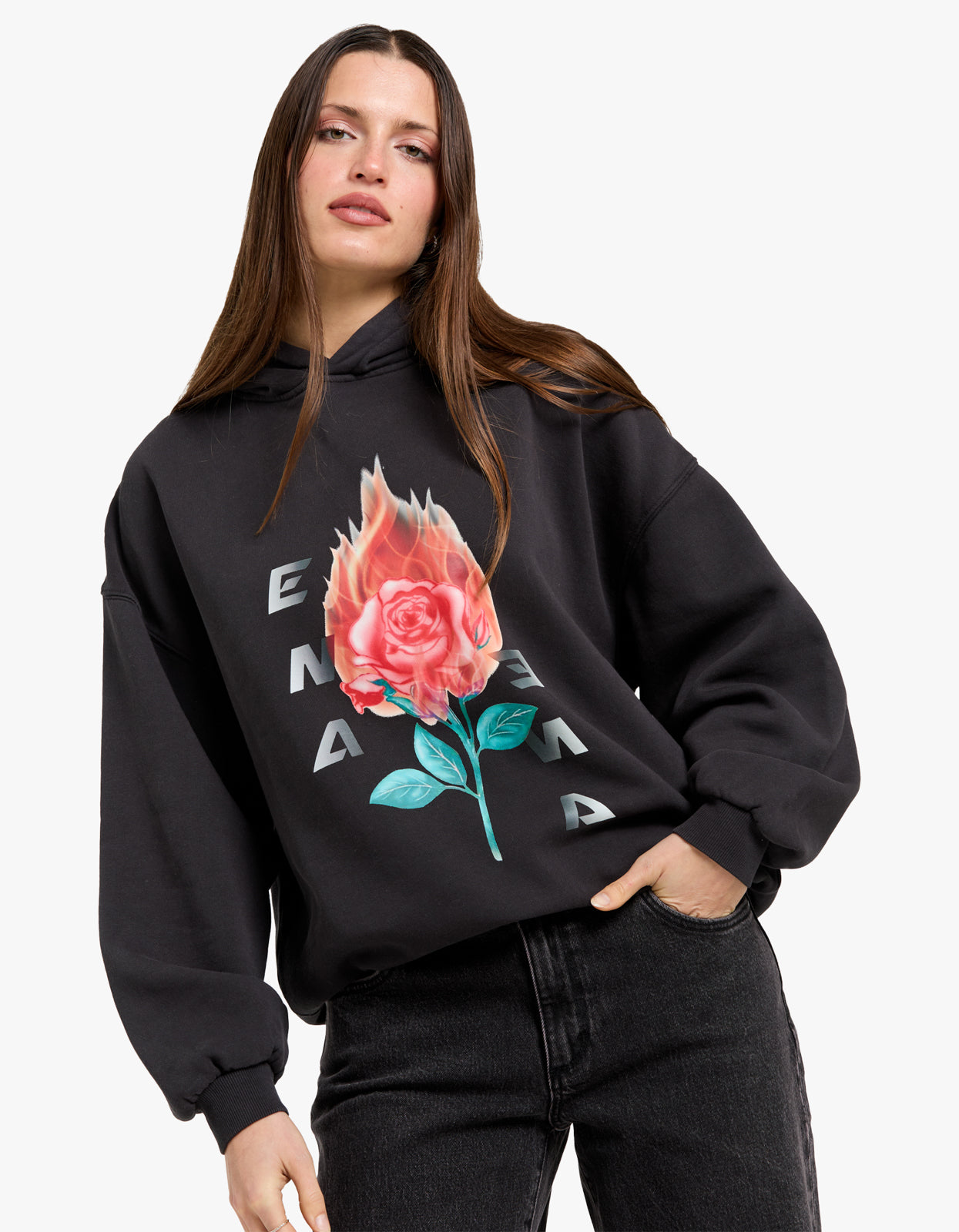 Flaming Rose Hoodie - Vintage Black
