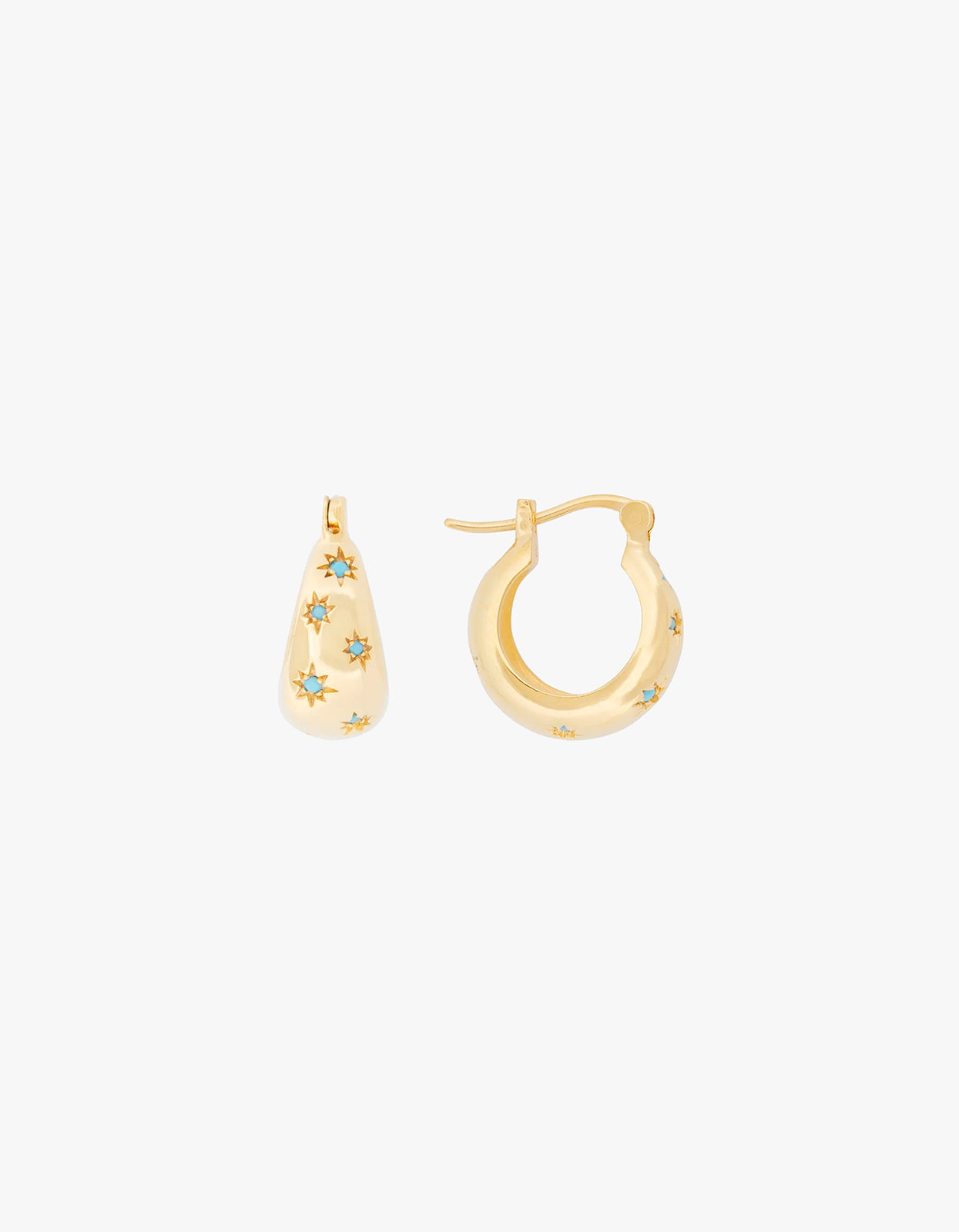 Turquoise Starburst Flared Hoops - Gold
