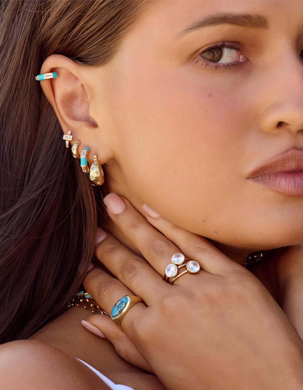 Turquoise Starburst Flared Hoops - Gold