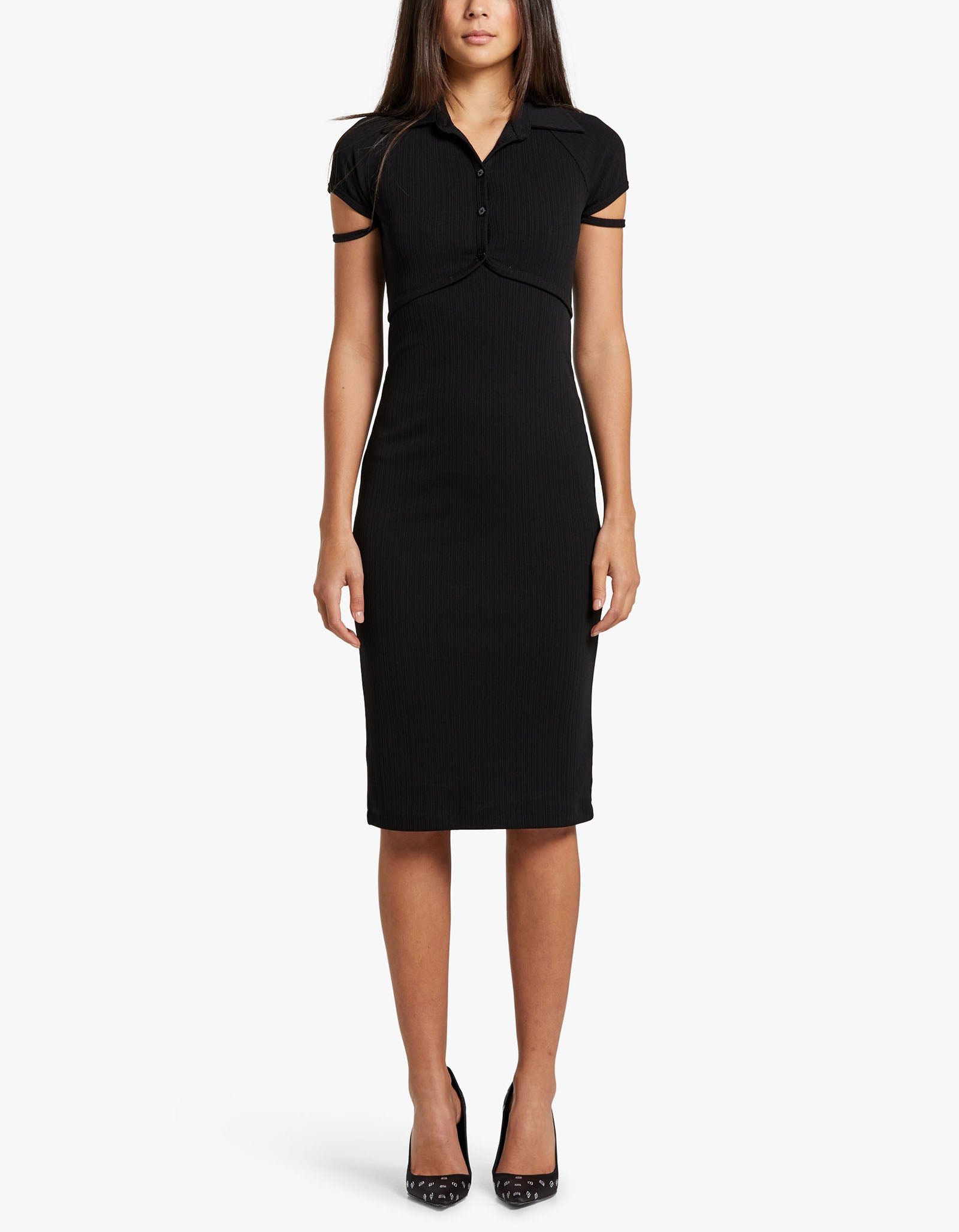 Assembly Label Ladies Black Short Sleeve Cardigan Metal Button