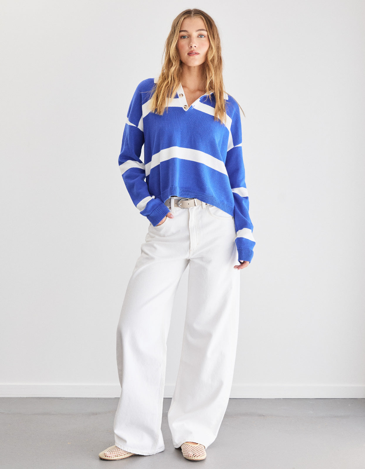 Hailey Knit Polo Jumper - Blue/White Stripe