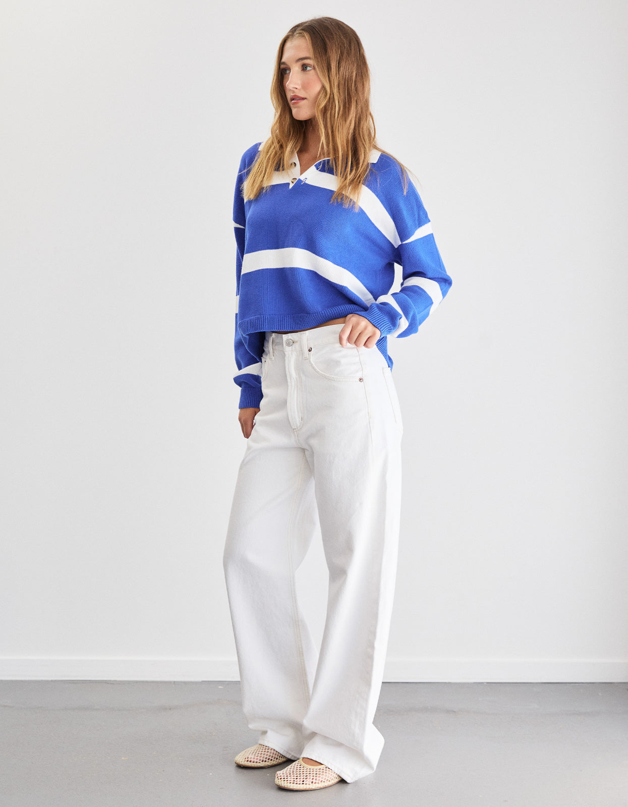 Hailey Knit Polo Jumper - Blue/White Stripe