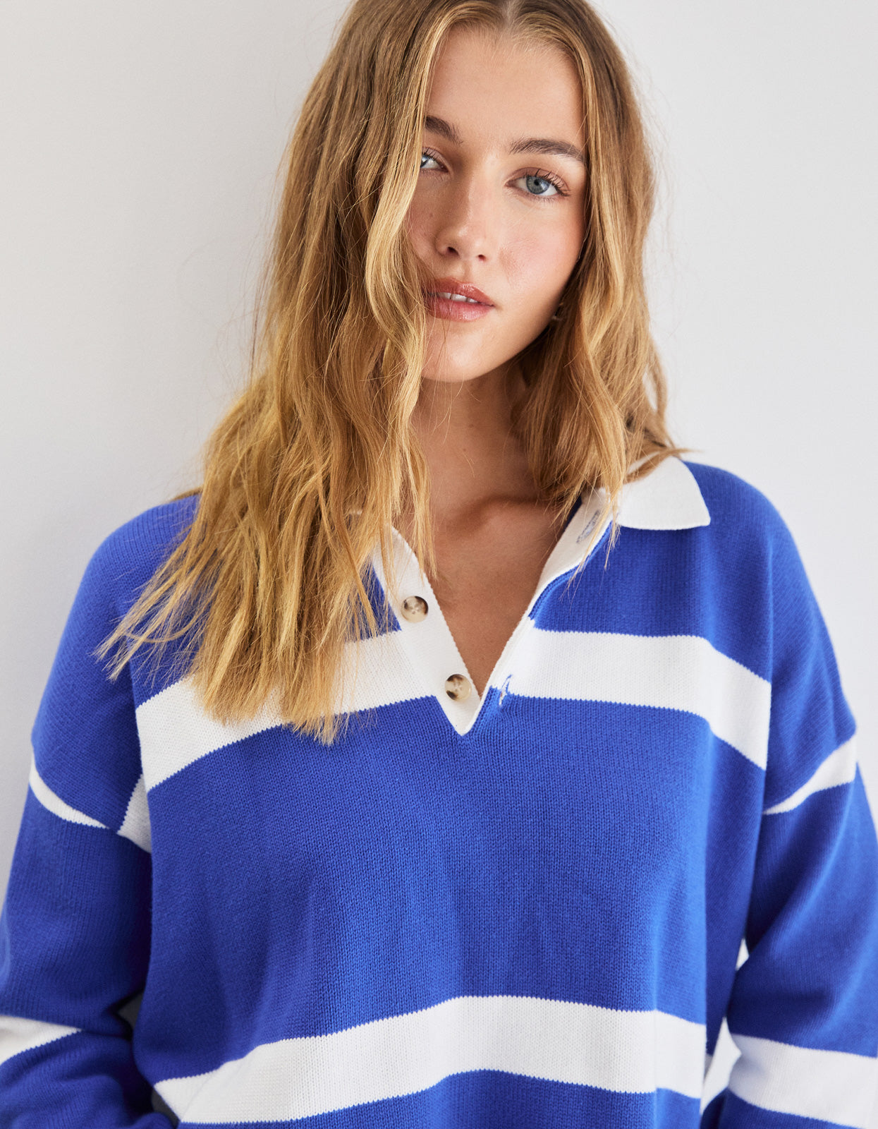 Hailey Knit Polo Jumper - Blue/White Stripe