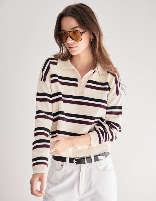 Hannah Knit Polo Jumper - Ivory Stripe