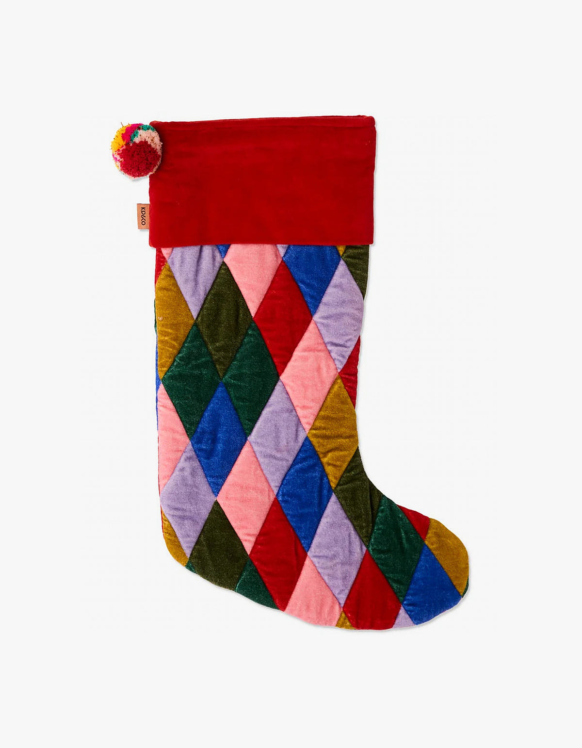 Jolly Christmas Harlequin Velvet Stocking