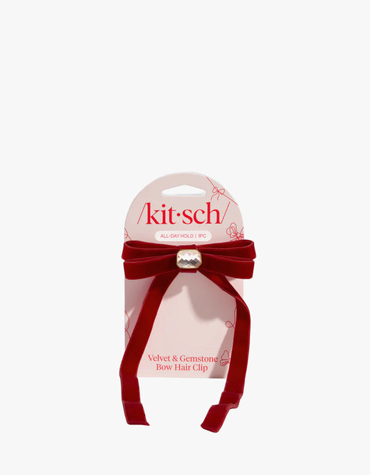 Velvet & Gemstone Bow Hair Clip - Red