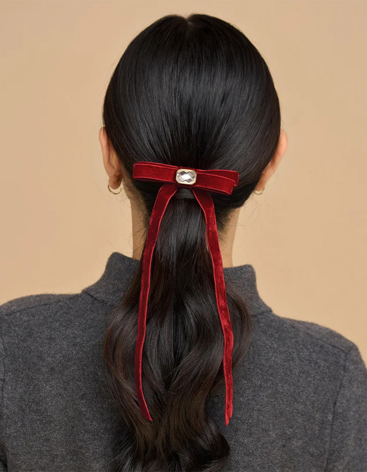 Velvet & Gemstone Bow Hair Clip - Red