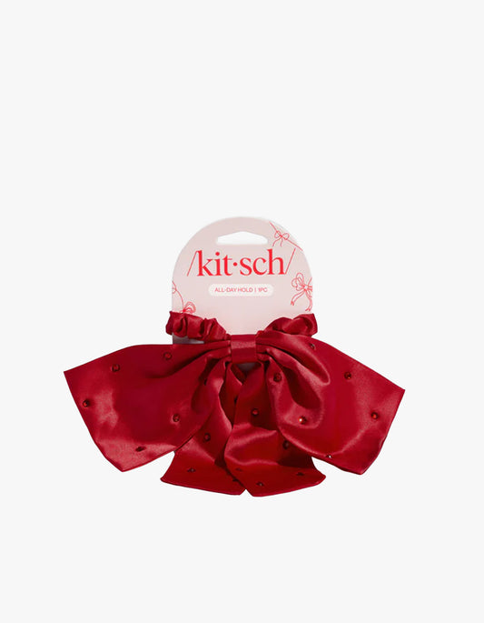 Satin & Rhinestone Bow Scrunchie - Red