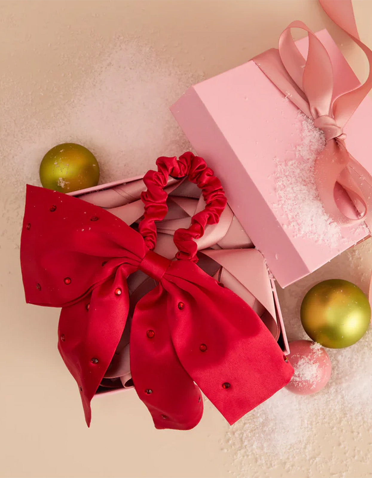 Satin & Rhinestone Bow Scrunchie - Red