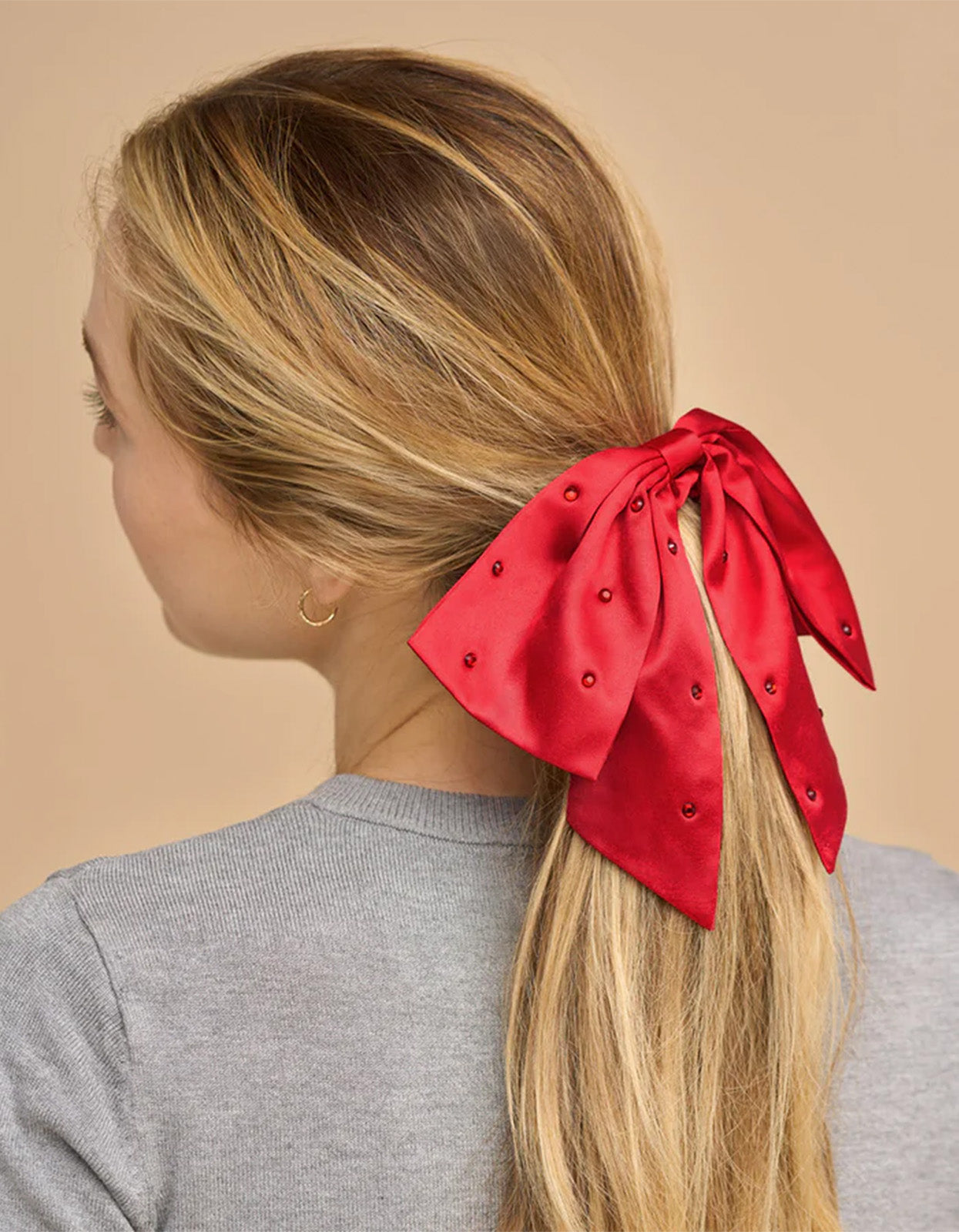 Satin & Rhinestone Bow Scrunchie - Red