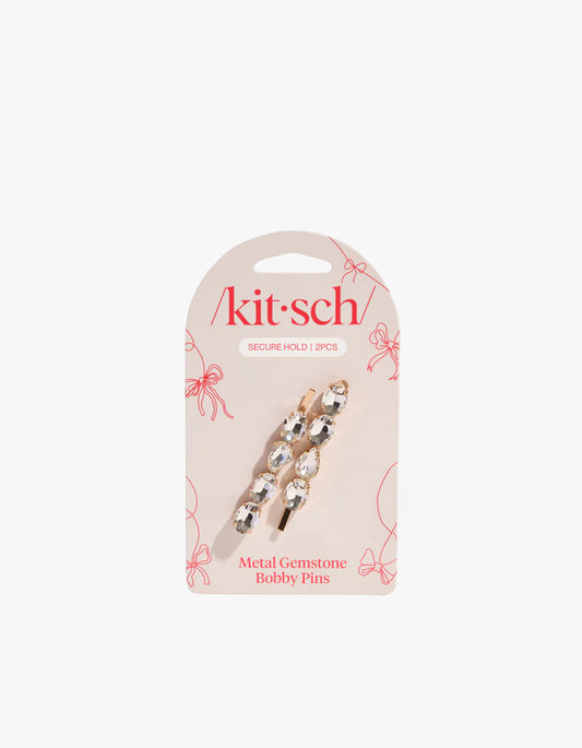 Metal Gemstone Bobby Pins 2Pc Set - White