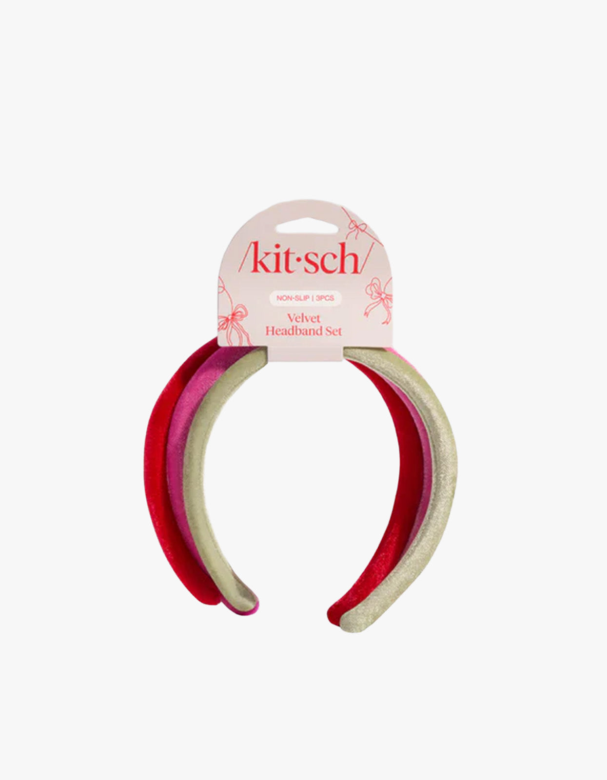 Holiday Velvet Headband 3Pc Set - Red Pink & Green