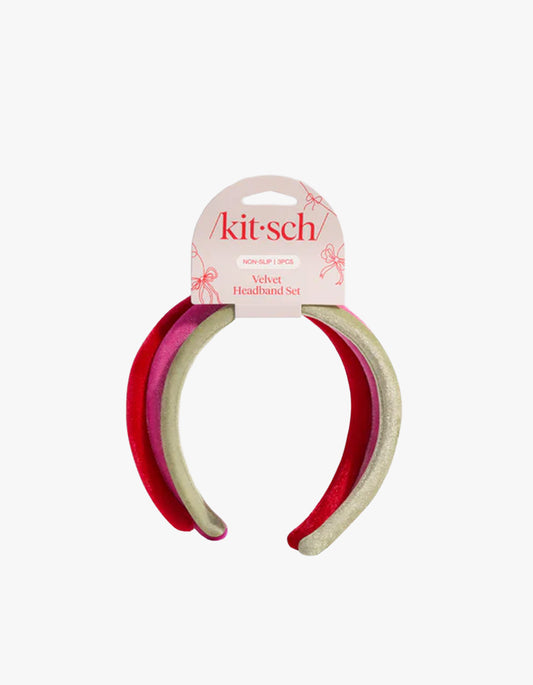 Holiday Velvet Headband 3Pc Set - Red Pink & Green