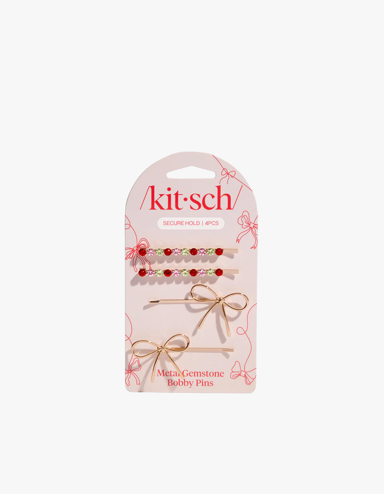 Holiday Gemstone And Bow Bobby Pins 4Pc Set - Red Pink & Green