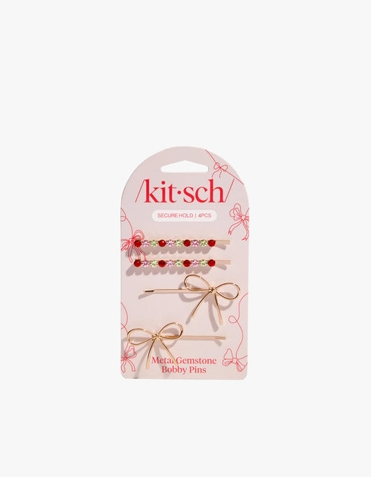 Holiday Gemstone And Bow Bobby Pins 4Pc Set - Red Pink & Green