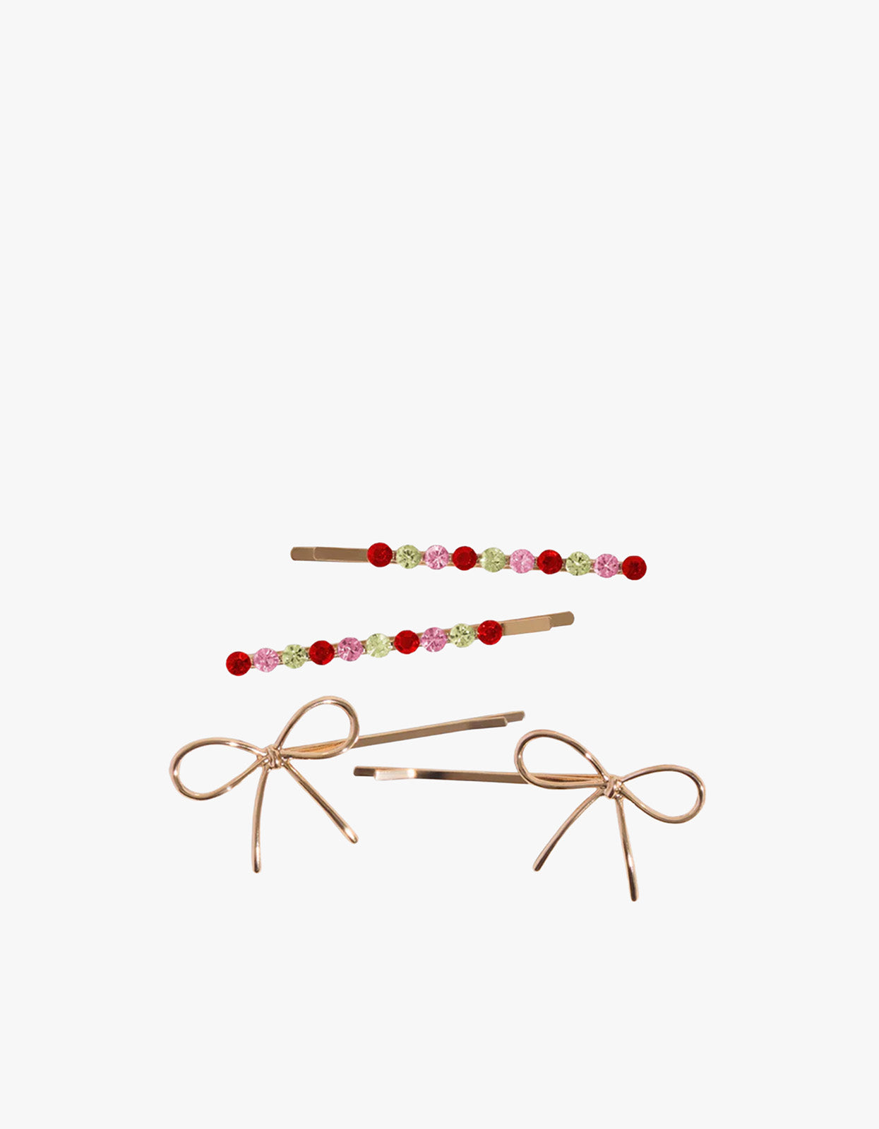 Holiday Gemstone And Bow Bobby Pins 4Pc Set - Red Pink & Green