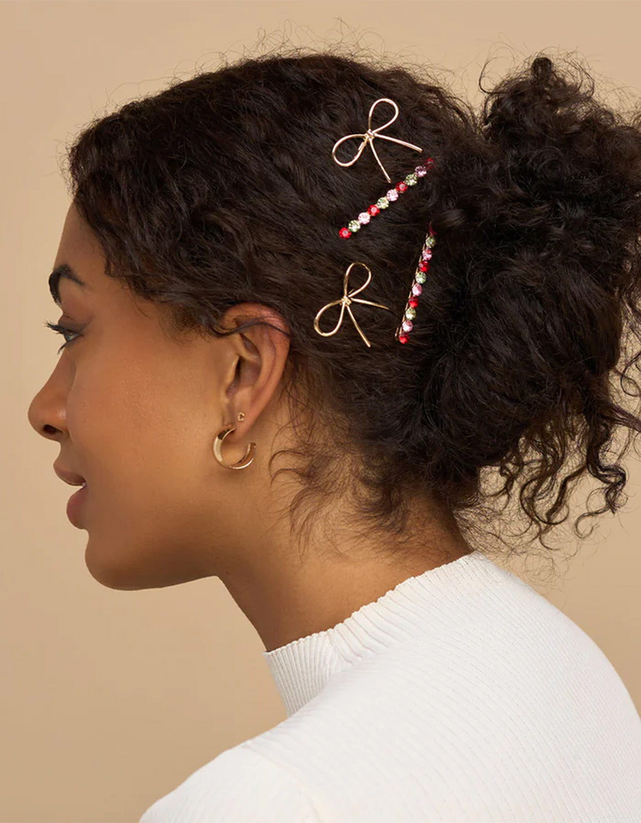 Holiday Gemstone And Bow Bobby Pins 4Pc Set - Red Pink & Green